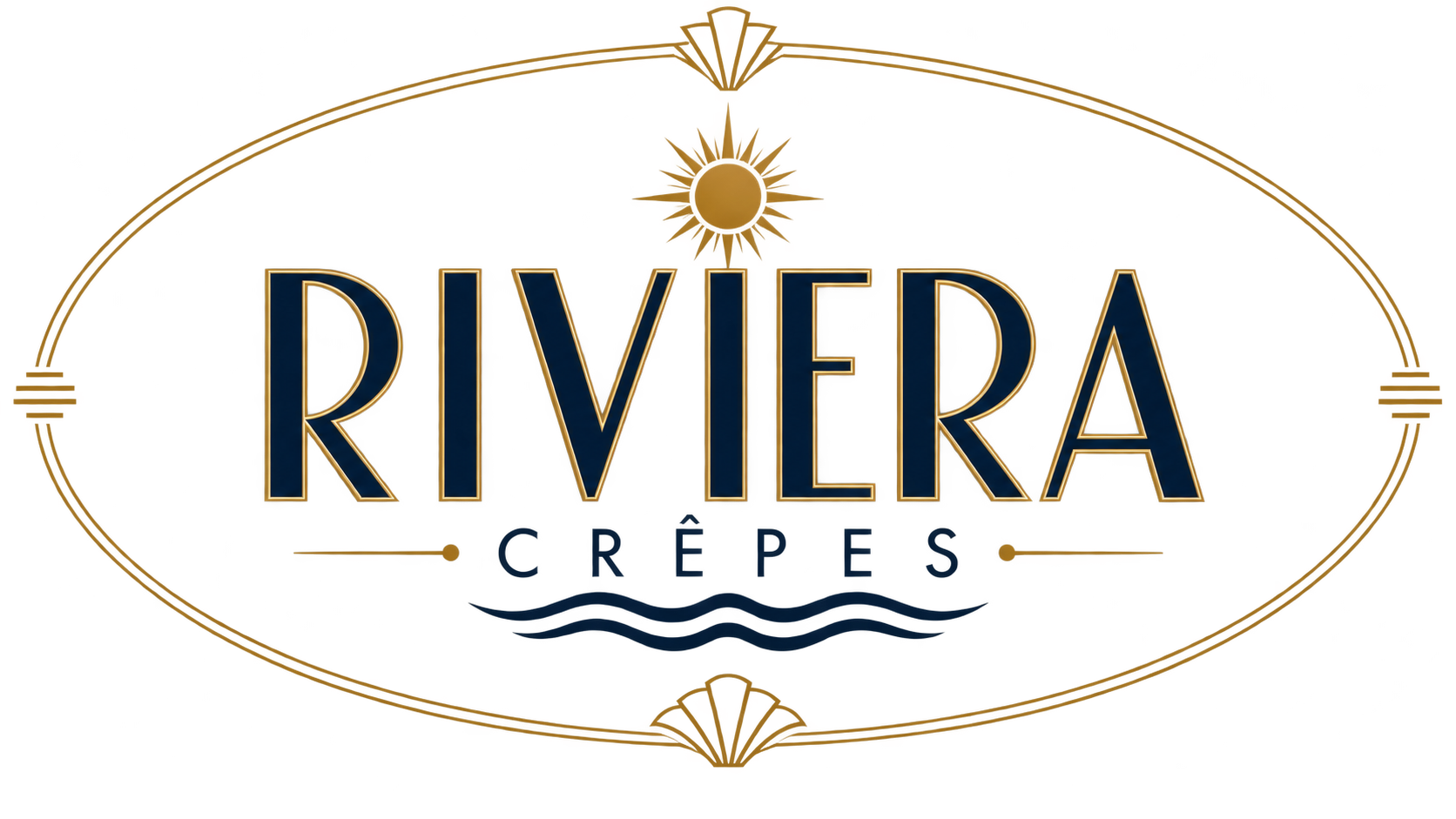 Riviera Crêpes — navy and gold Art Deco logo
